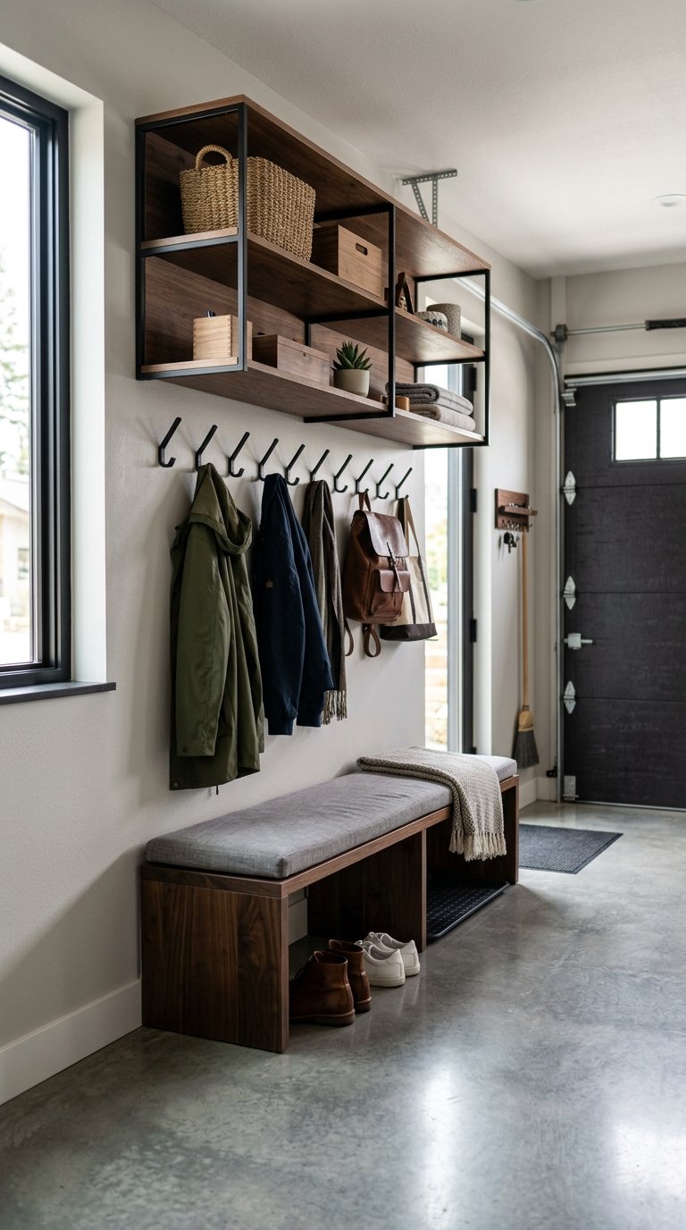 A clean and organized mudroom garage entrance with shelves, hooks, a bench, and shoes neatly arranged.
