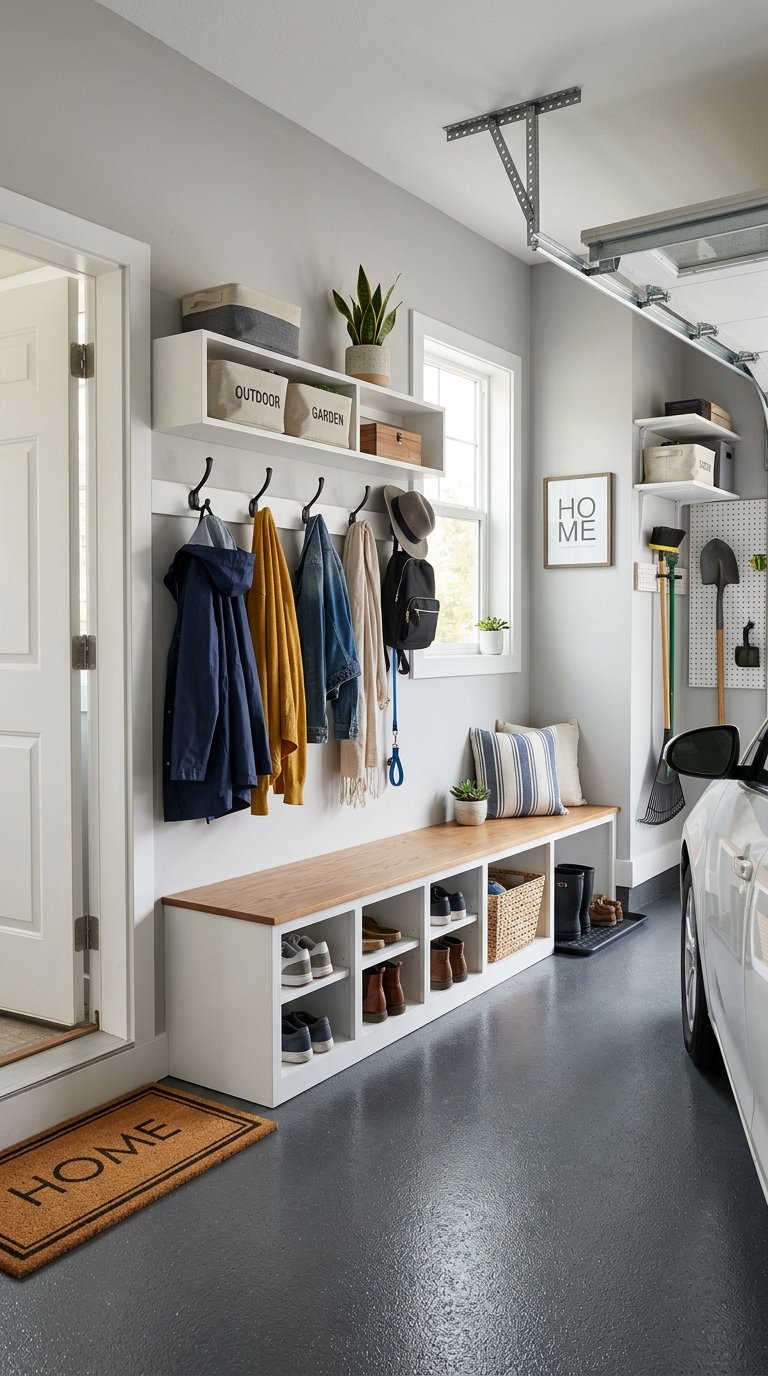 A compact garage mudroom with hooks for coats, a bench with shoe storage, shelves with baskets, and natural light coming through a window.