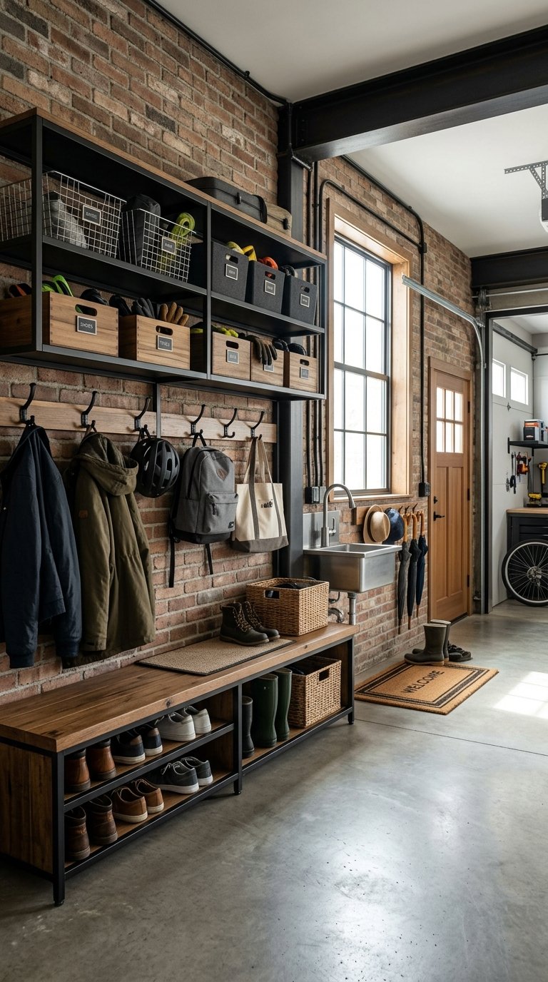 A clean and organized garage mudroom entrance with shelves, hooks holding coats and bags, and storage benches.