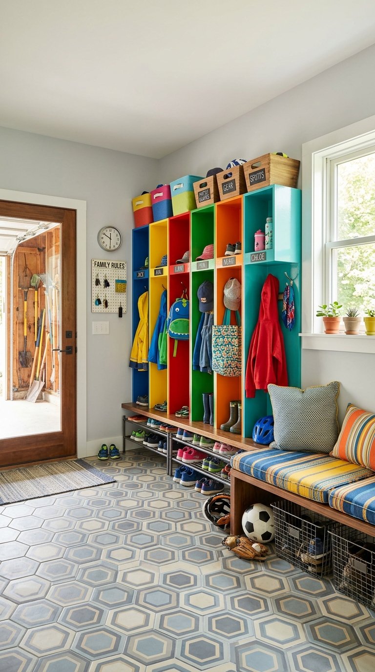 A colorful mudroom garage entrance with storage cubbies, hooks, a bench, and organized outdoor gear.
