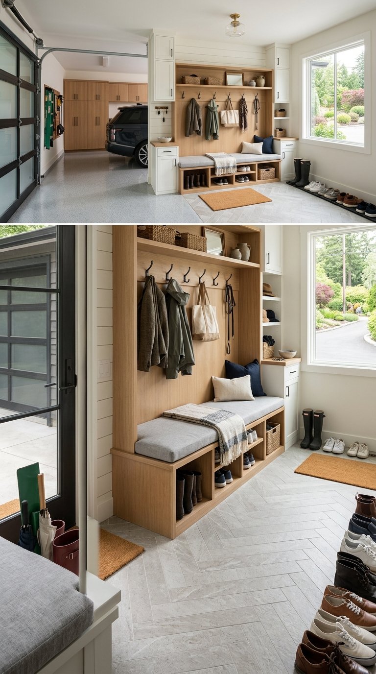 A mudroom garage entrance with built-in bench seating, storage shelves, hooks with coats and bags, and natural light coming through a window.