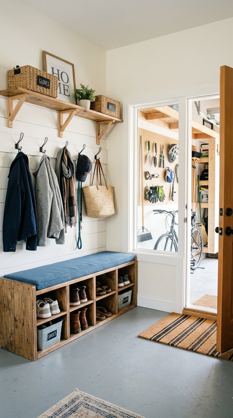 A clean and organized garage mudroom entrance with shelves, hooks, and storage for shoes and coats.