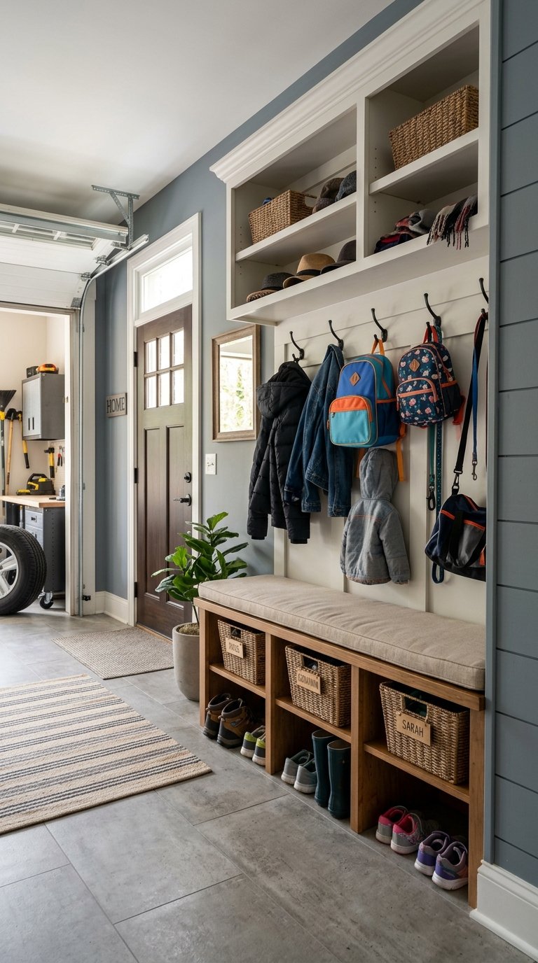A mudroom garage entrance with hooks holding coats and backpacks, and cubbies storing shoes and bins.