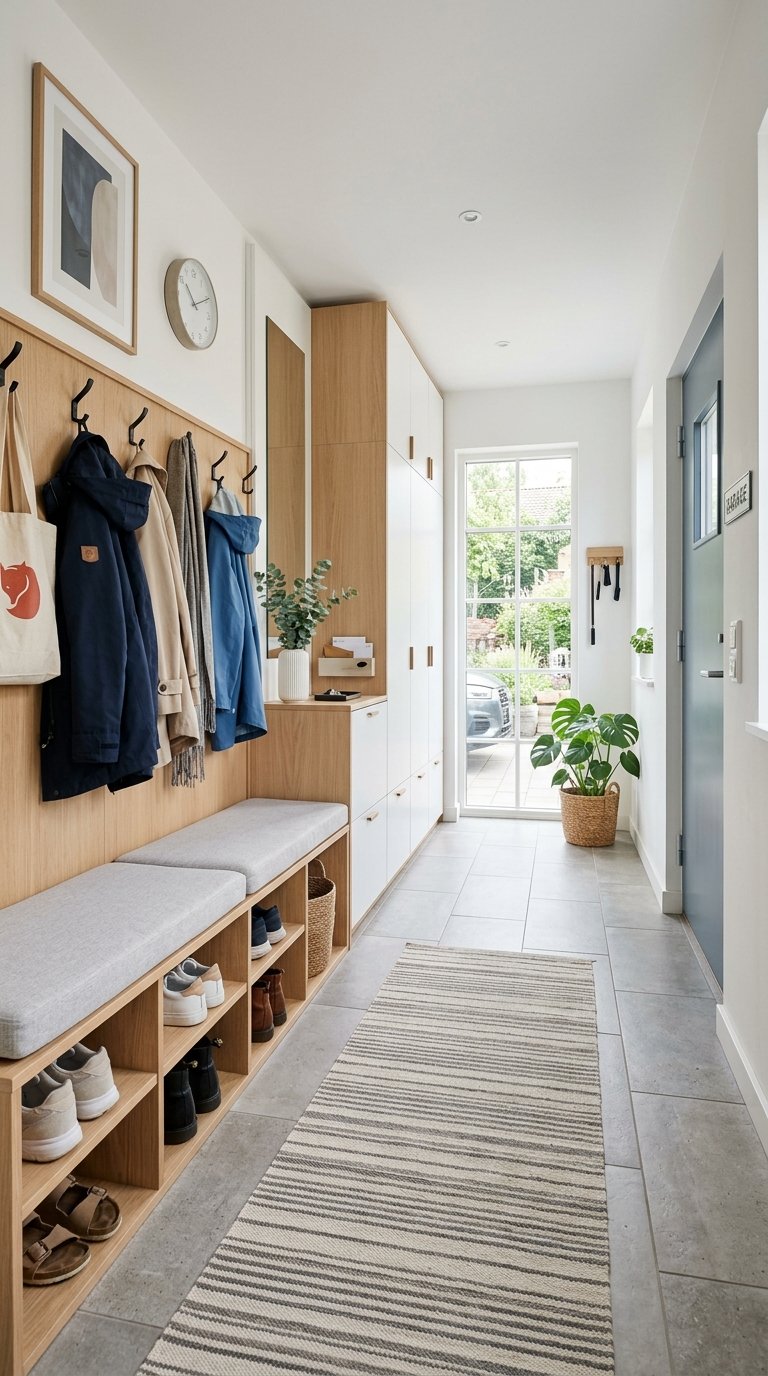 A bright and organized mudroom with benches, storage cubbies, and coats hanging by a garage entrance.