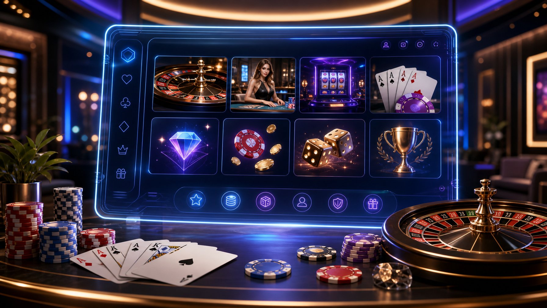 A Digital Casino Interface With Poker Chips, Playing Cards, And Roulette Wheels In A Stylish Casino Lounge Setting.