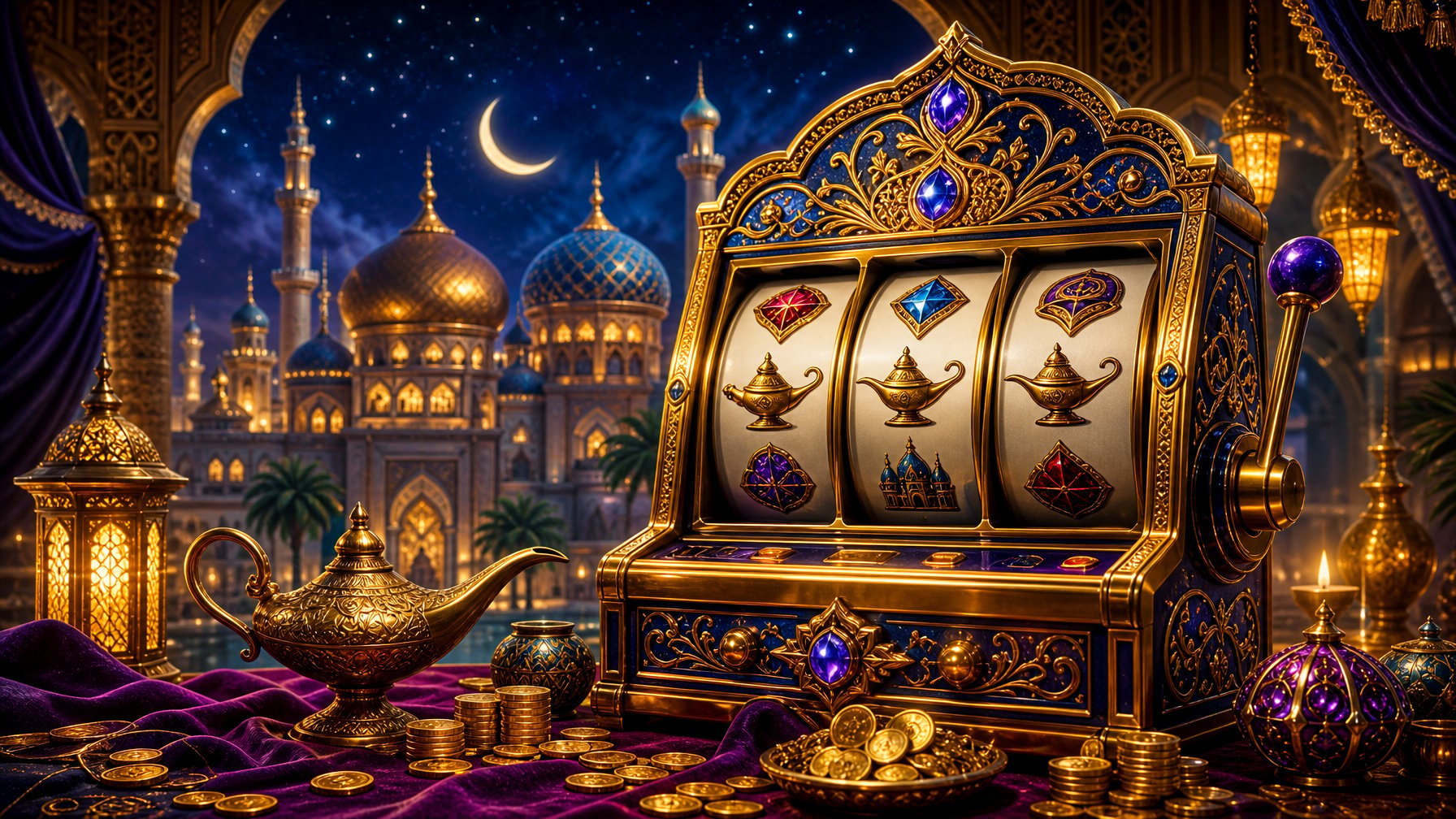 A Luxurious Casino Scene With A Decorated Slot Machine, Glowing Lamps, Scattered Coins, And A Palace Silhouette Under A Starry Night Sky.
