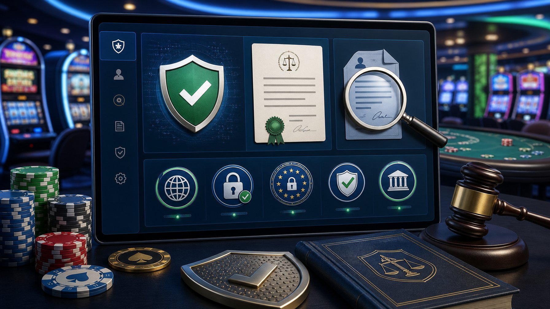 A Digital Dashboard Showing Security Badges And Certification Icons With A Background Of Casino Elements Like Slot Machines And Poker Chips.