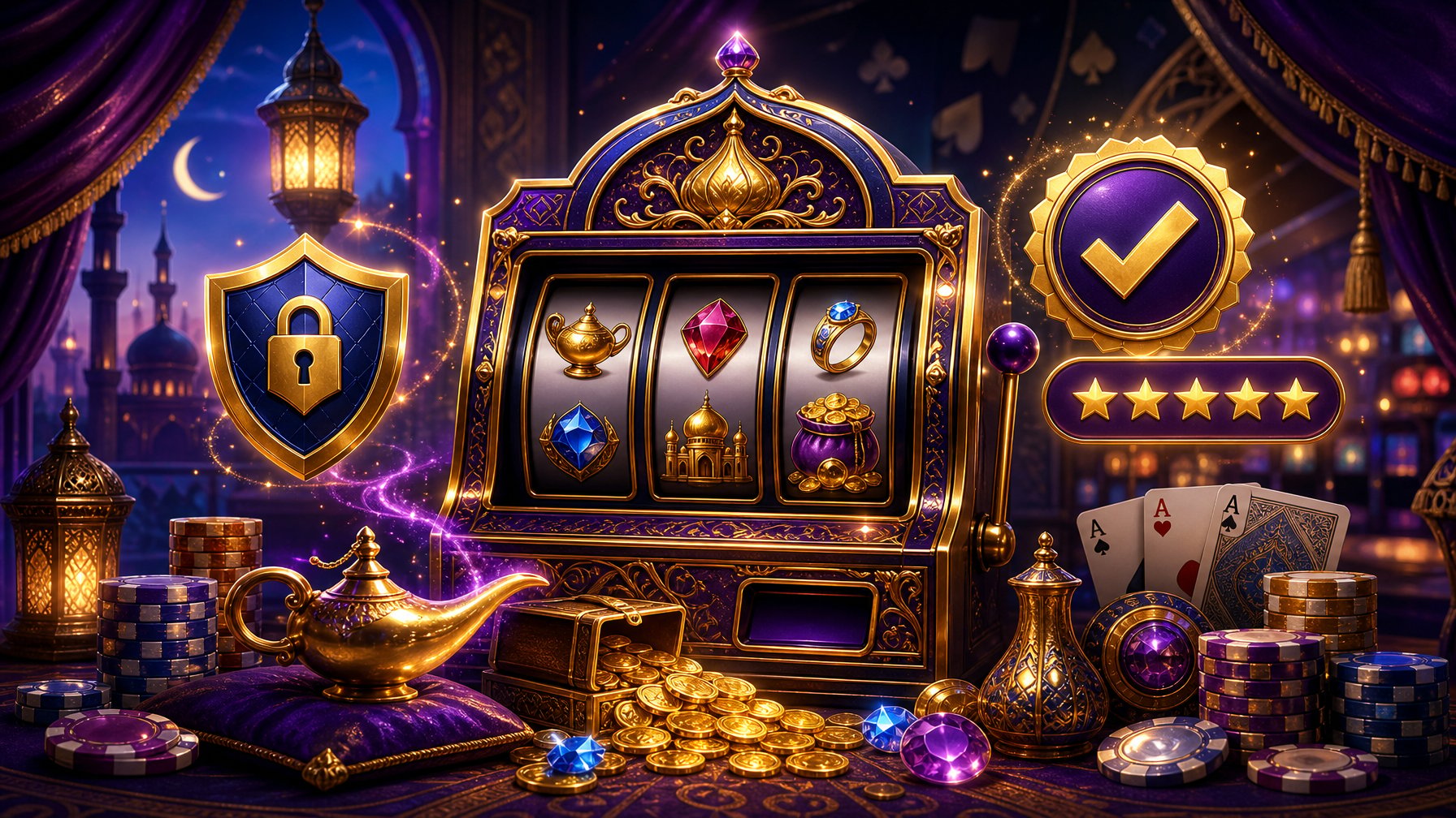 A Casino Slot Machine With ArabianThemed Decorations Surrounded By Symbols Of Trust Like Badges And Stars, Set In A Luxurious Environment.