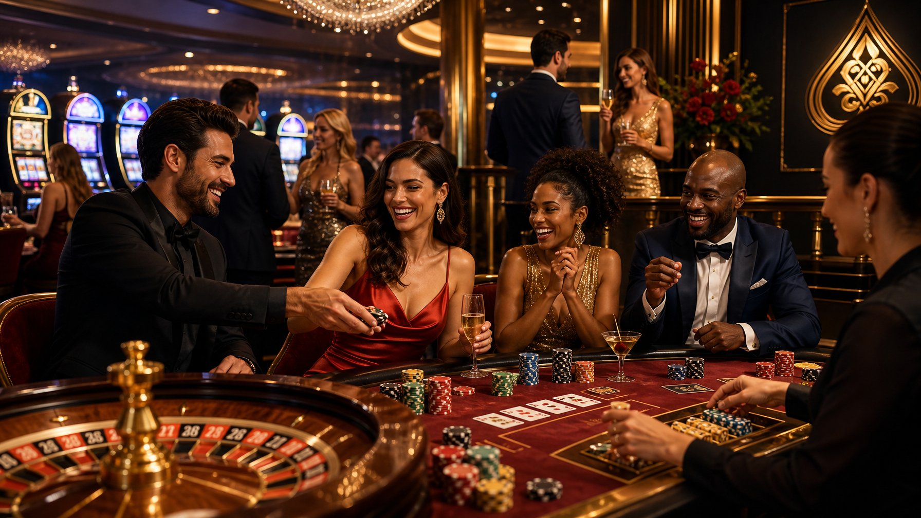 A Group Of People Enjoying A Lively Casino Scene With Roulette Wheels, Poker Chips, And Slot Machines In A Luxurious Setting.