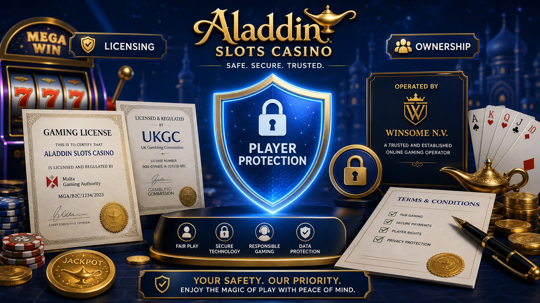 A Secure Digital Environment Showing A Shield, Certificates, Legal Documents, And Casino Elements Like Slot Reels And Coins Symbolizing Player Protection And Licensing.
