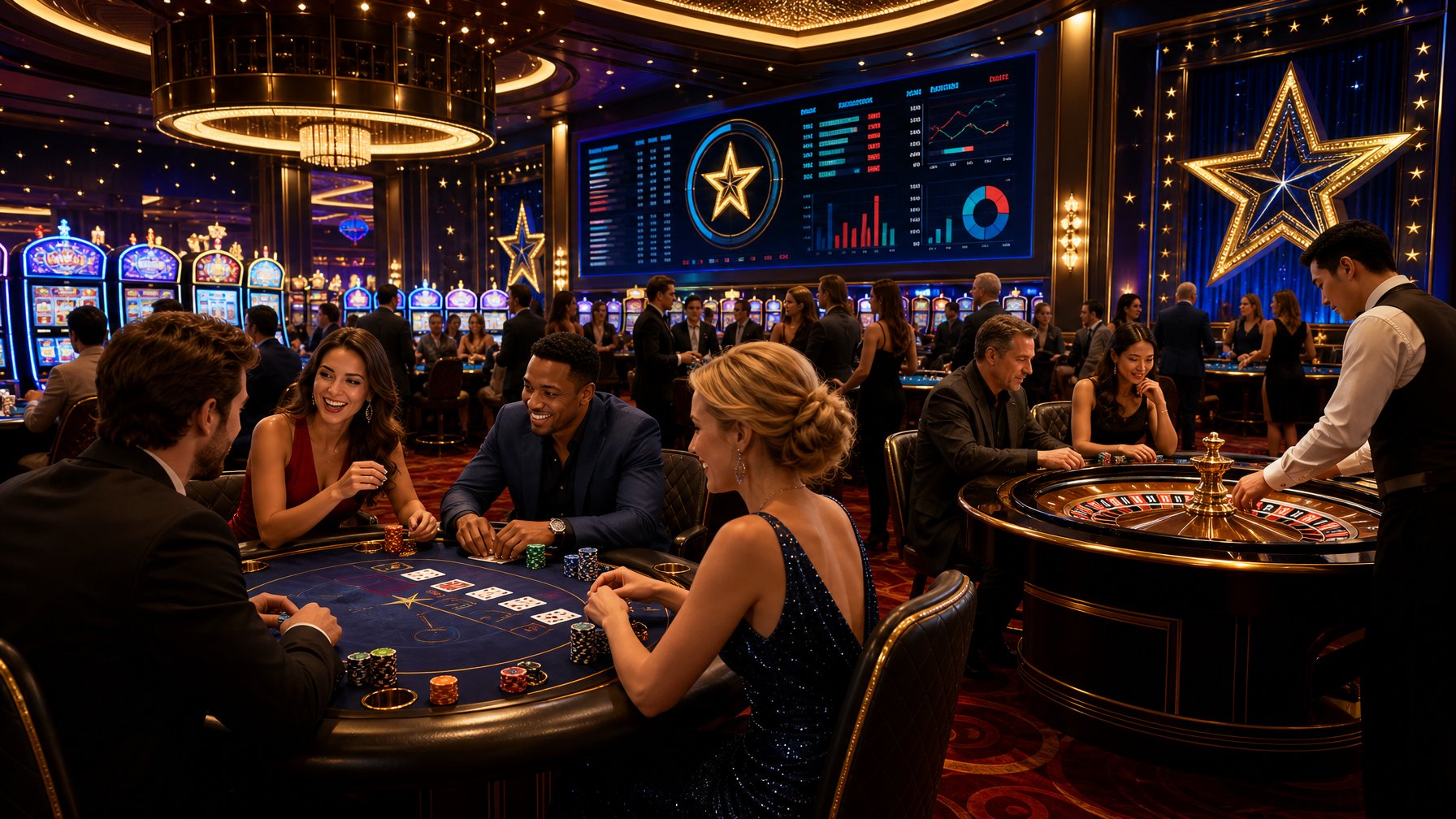 A Lively Casino Interior With Diverse Players Engaged In Poker, Blackjack, And Roulette Games Surrounded By Slot Machines And Glowing StarThemed Decorations.