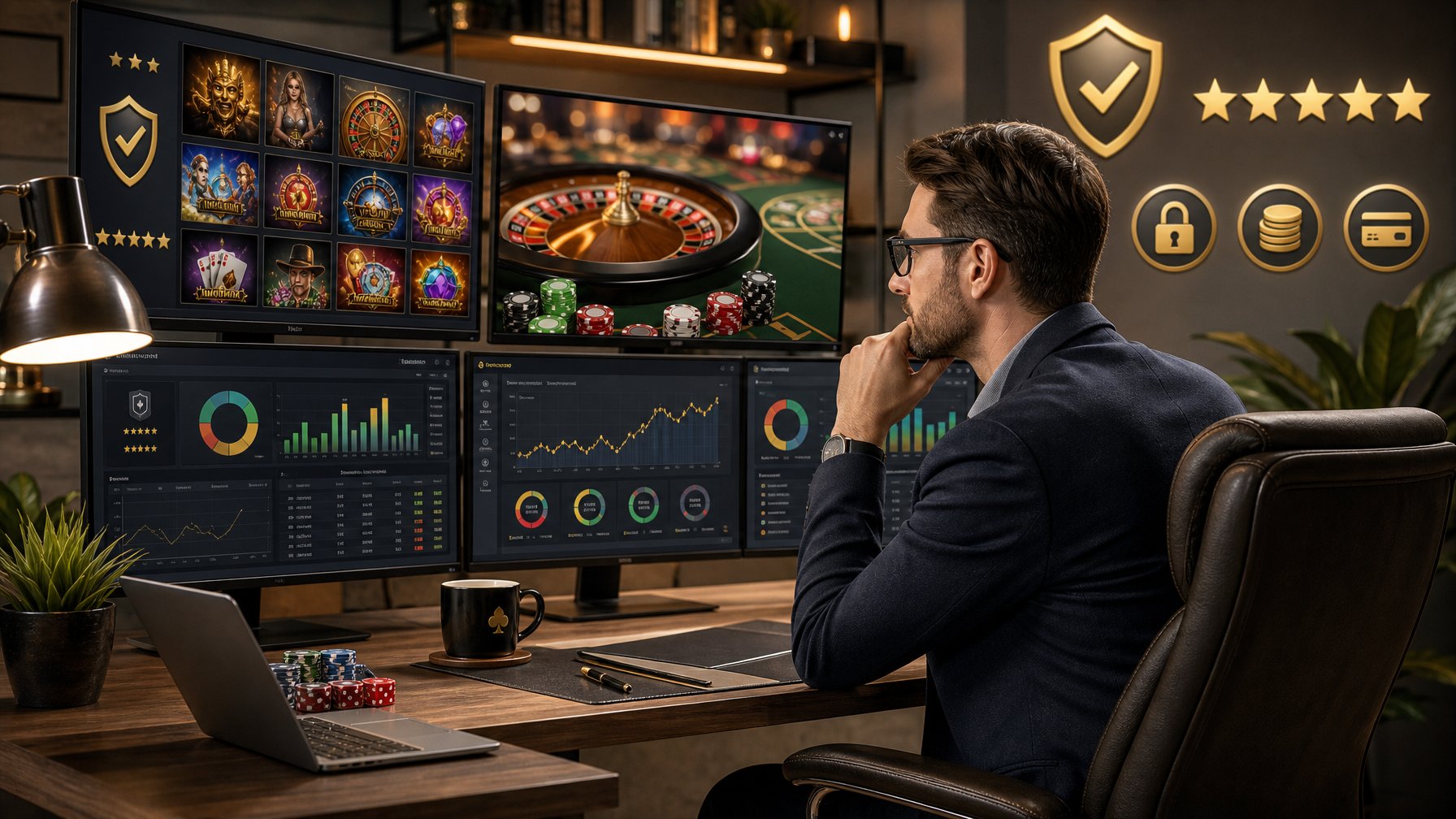 A Person Reviewing Casino Game Data On Multiple Screens With Trust Symbols And Charts Around Them, Showing A Professional Evaluation Setting.