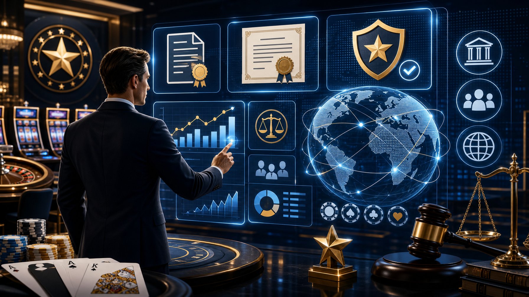A Businessperson Interacting With Digital Screens Showing Legal Documents, Market Charts, And Casino Elements Representing Licensing And Market Access For An Online Casino.
