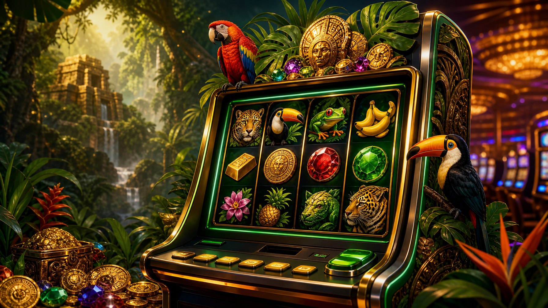 A Colorful Slot Machine Decorated With Tropical Leaves, Exotic Birds, And Jungle Treasures Set Against A Misty Amazon Rainforest Background.