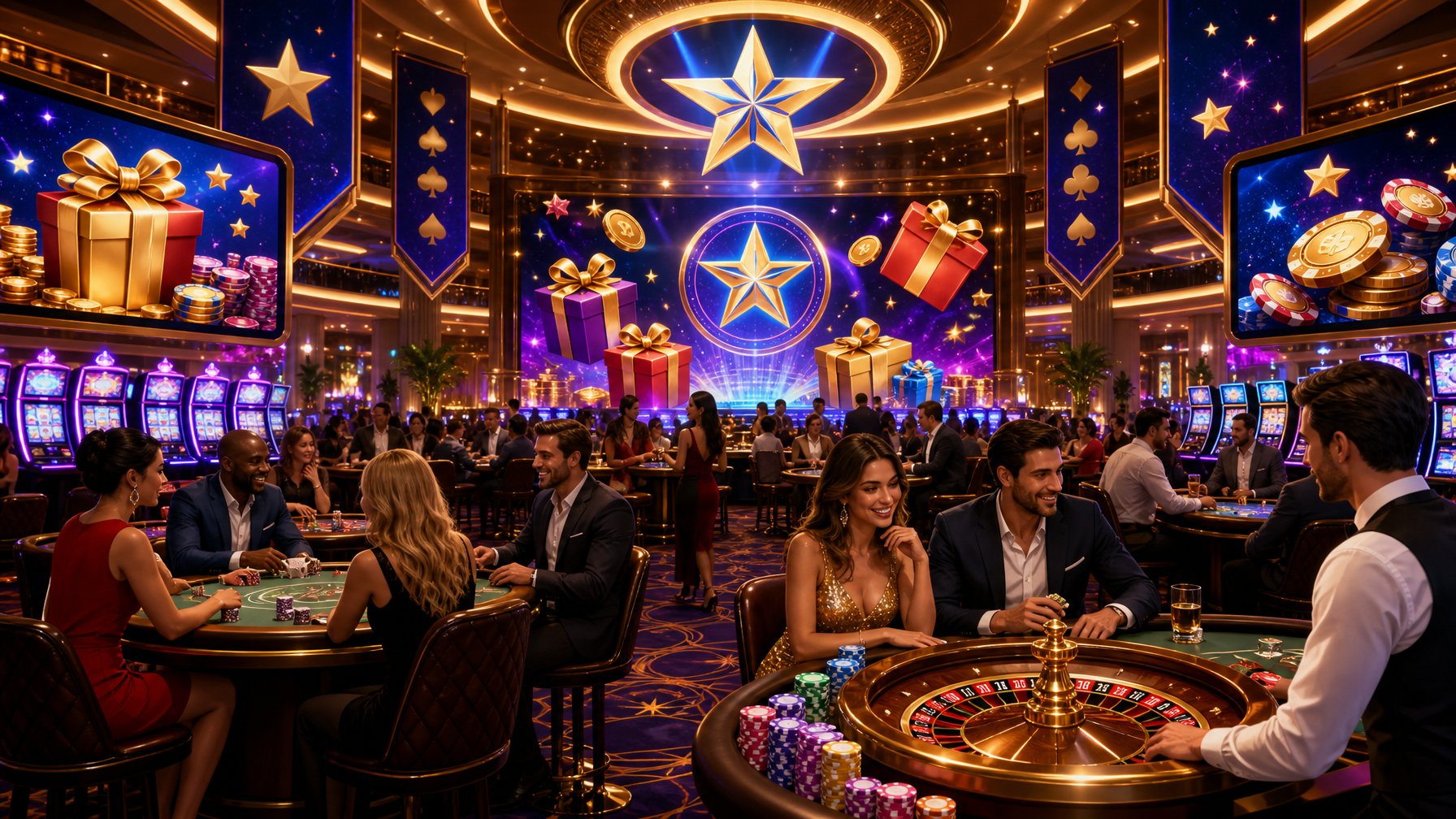 A Vibrant Casino Interior With Slot Machines, Poker Tables, And Roulette Wheels, Featuring Players Enjoying Games Surrounded By Symbols Of Coins, Gift Boxes, And Stars.