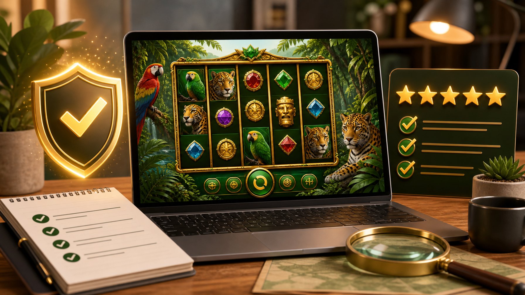 A Digital Device Showing An Amazon JungleThemed Slot Machine Surrounded By Icons Representing Trust And Positive Review Signals In A Calm Workspace.