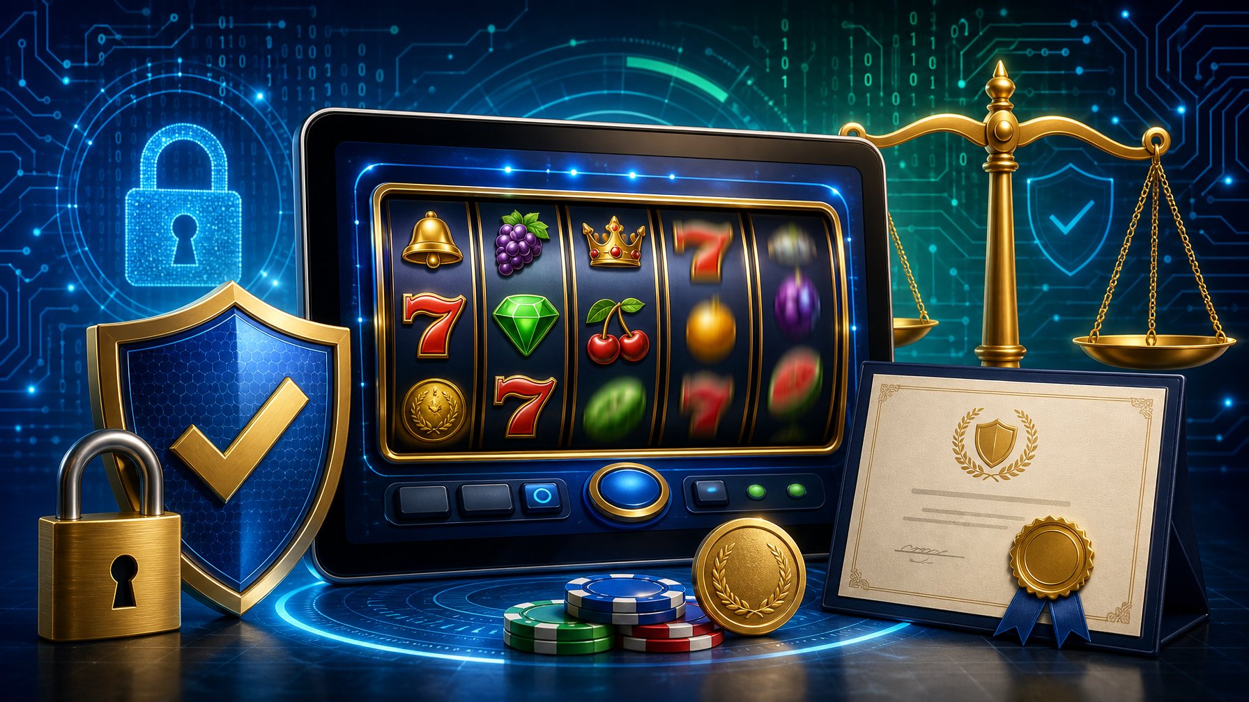 A Digital Slot Machine Interface Surrounded By Symbols Of Security And Fairness, Including A Shield, Lock, Certificate, And Balanced Scales.