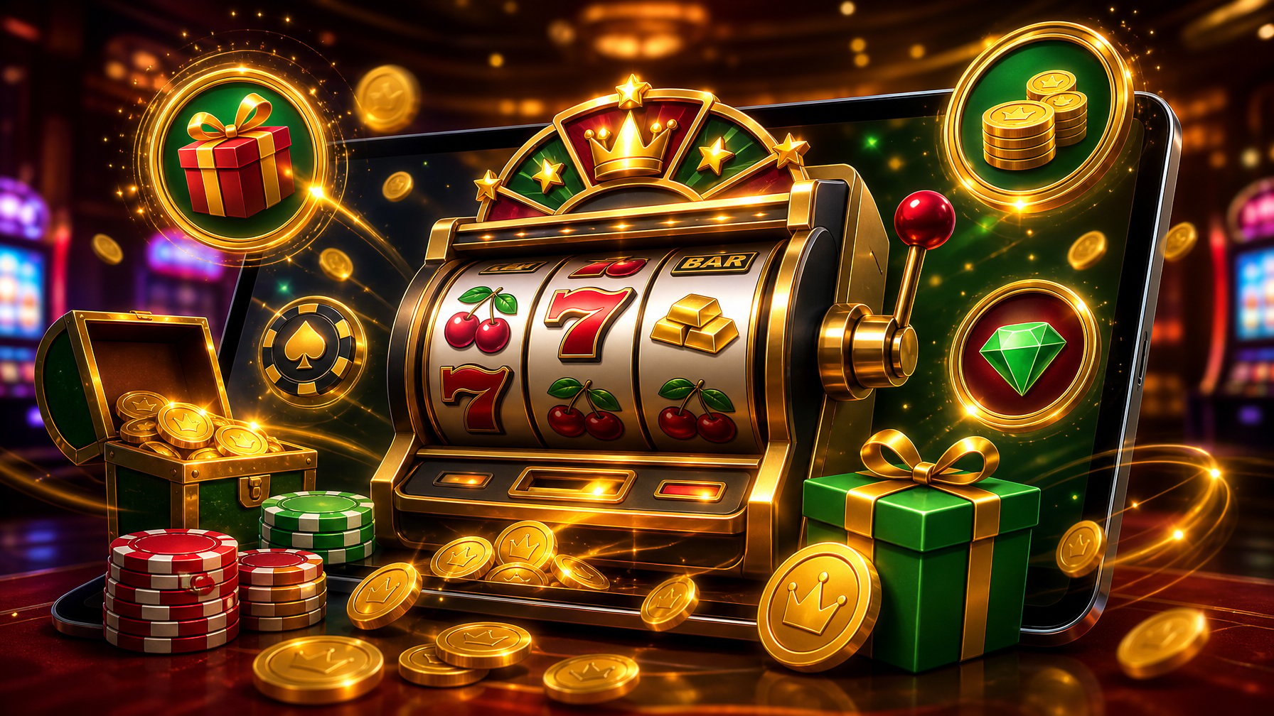 A Slot Machine Surrounded By Coins And Casino Chips With Glowing Reward Icons In A Vibrant Casino Setting.