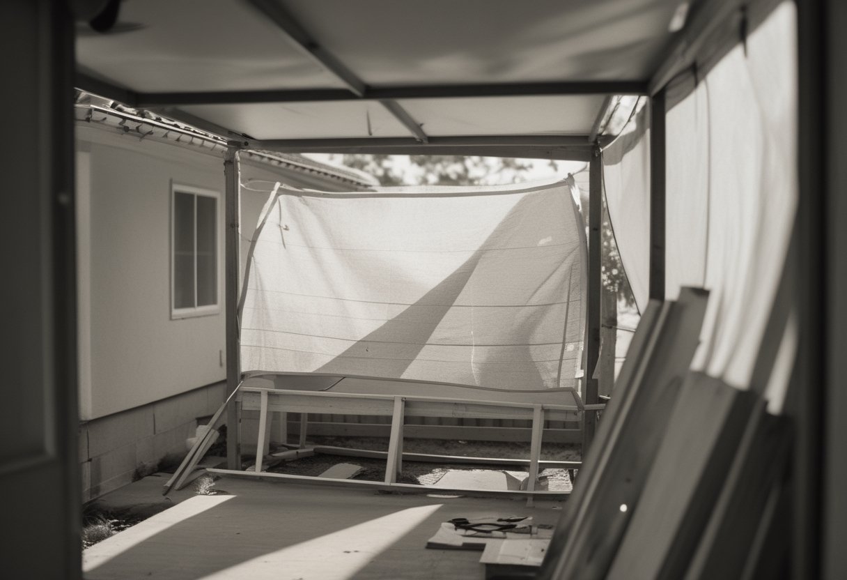 A backyard patio with a simple sun-blocking cover, showing hands and tools nearby in natural daylight.