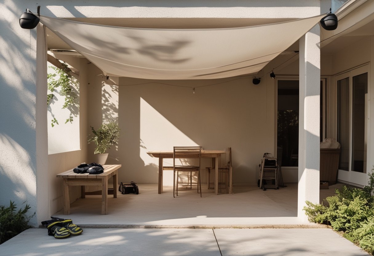 A rectangular shade sail installed over a patio with gardening tools and a wooden table in soft daylight.