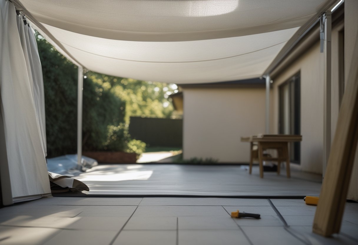 Backyard patio with a retractable freestanding canopy partially set up, hands adjusting the frame, and tools resting on a wooden table nearby.