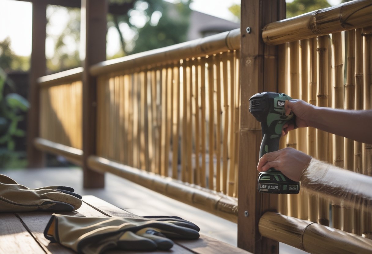 A bamboo roll-up patio screen mounted on wooden posts with gardening tools and a hand adjusting the screen on a backyard patio.