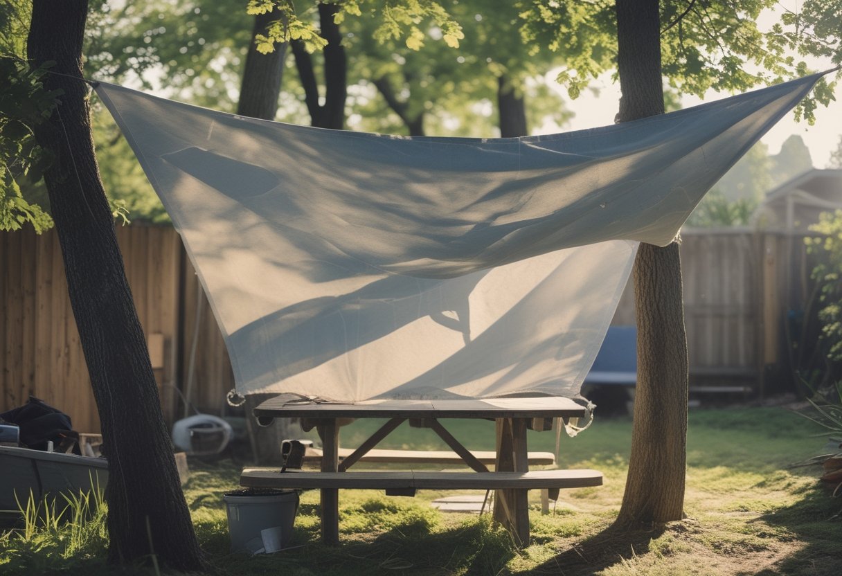 A repurposed sailcloth patio cover suspended between two trees with gardening tools and hands adjusting the ropes in a backyard.