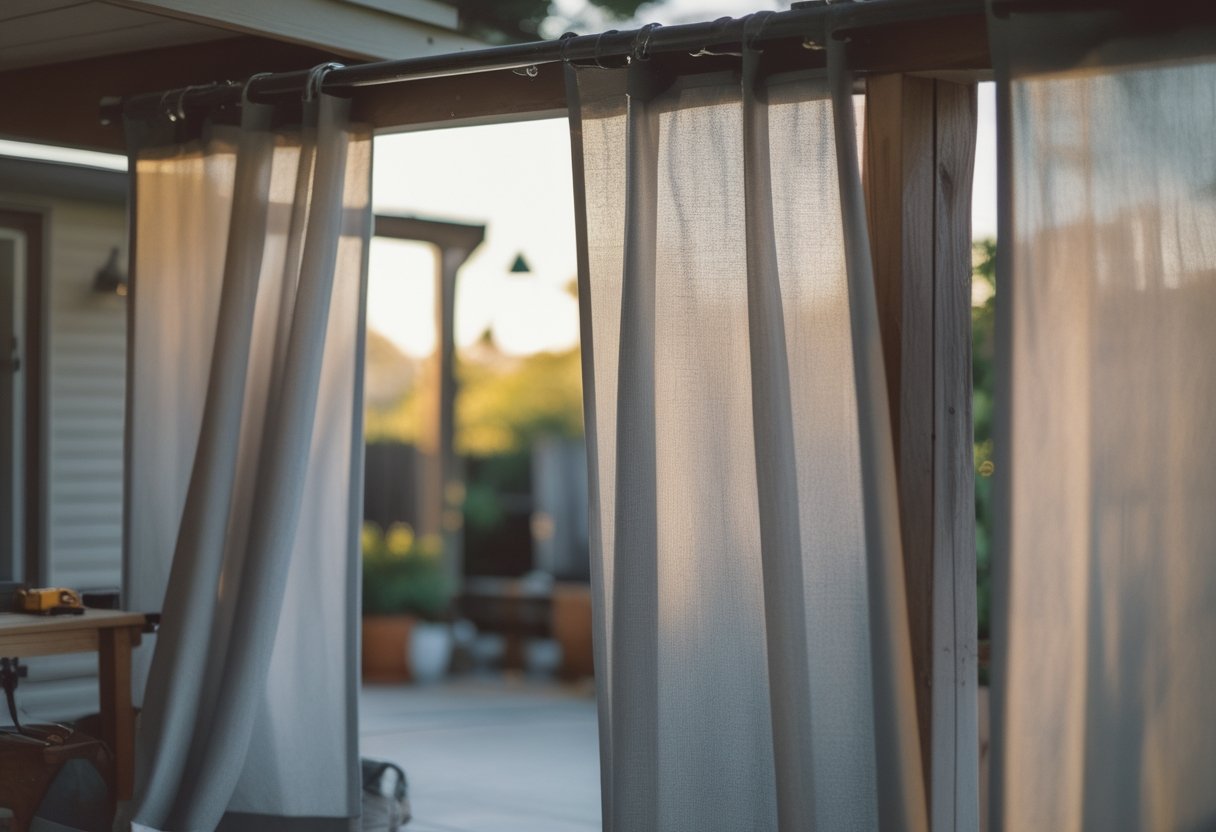 Outdoor patio with vertical blackout curtains on tension rods, a pair of hands adjusting the curtains, and casual tools on a small table nearby.