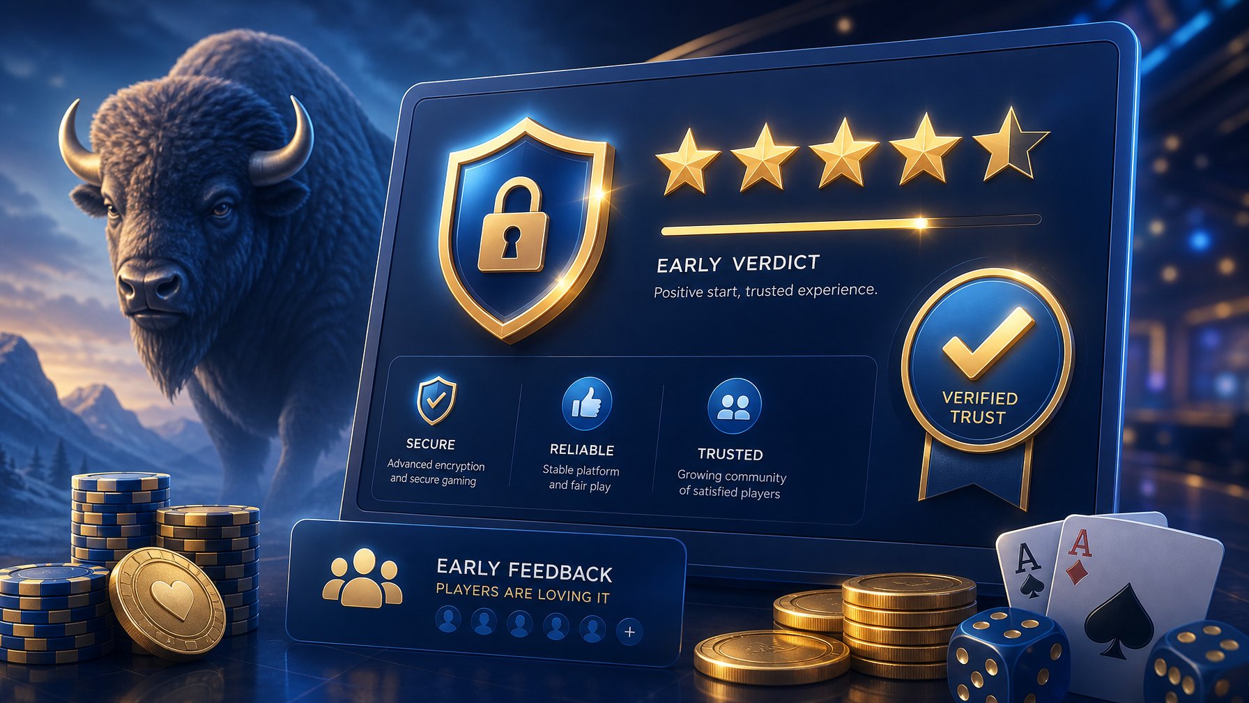 A Digital Interface Showing Icons Of Security, Star Ratings, And A Buffalo Symbol, Representing Trust And Positive Feedback For An Online Casino.