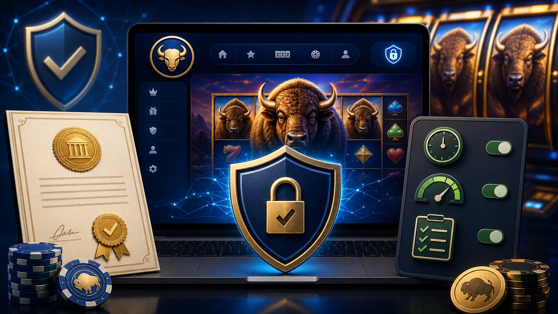 A Digital Interface Showing Security Symbols, Licensing Badges, And Safer Gambling Tools Alongside Casino Elements Like Slot Reels And Poker Chips.