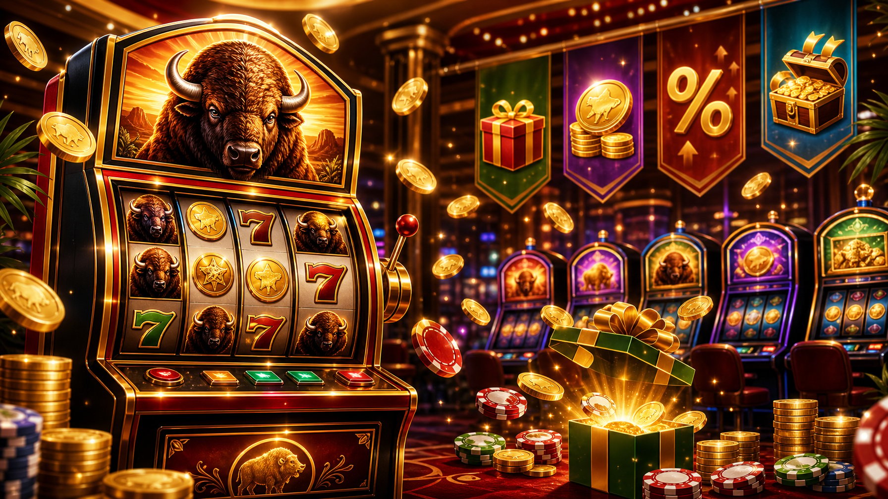 A Lively Casino Scene Featuring A BuffaloThemed Slot Machine With Spinning Reels, Surrounded By Floating Coins And Chips Symbolizing Bonuses And Rewards.