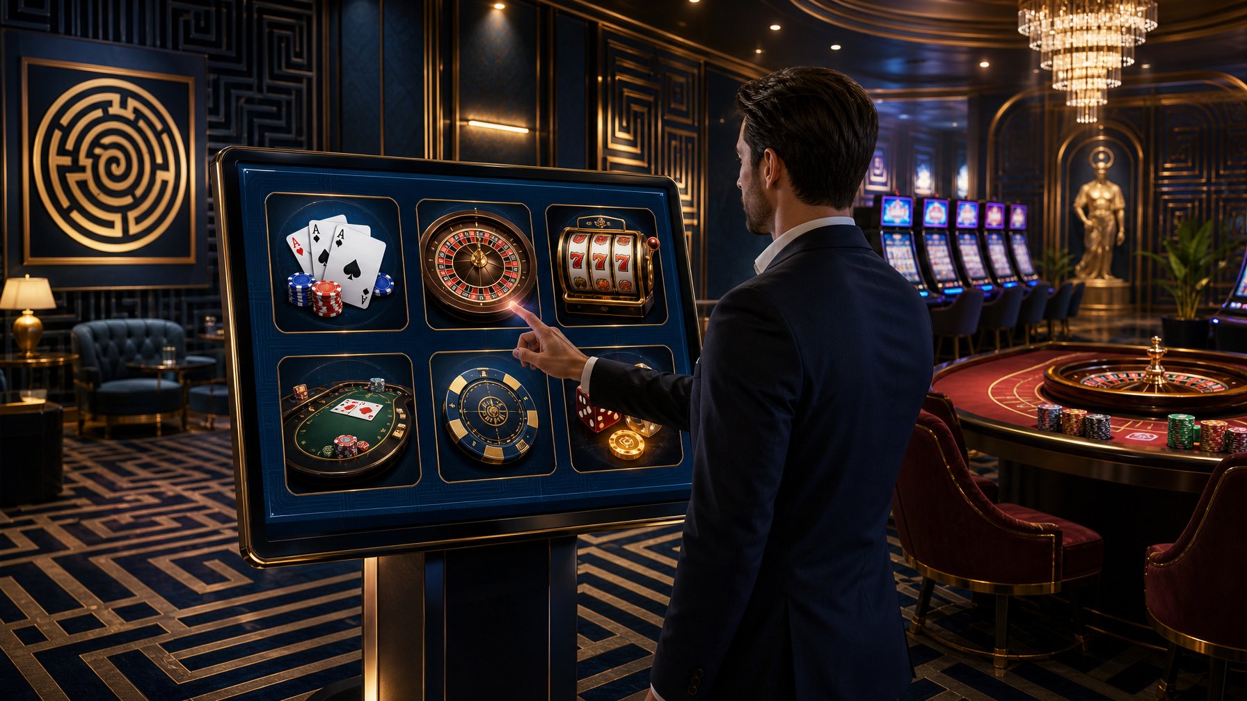 A Person In Business Attire Interacting With A Digital Touchscreen In A Modern Casino Filled With Gaming Icons And MazeLike Patterns.
