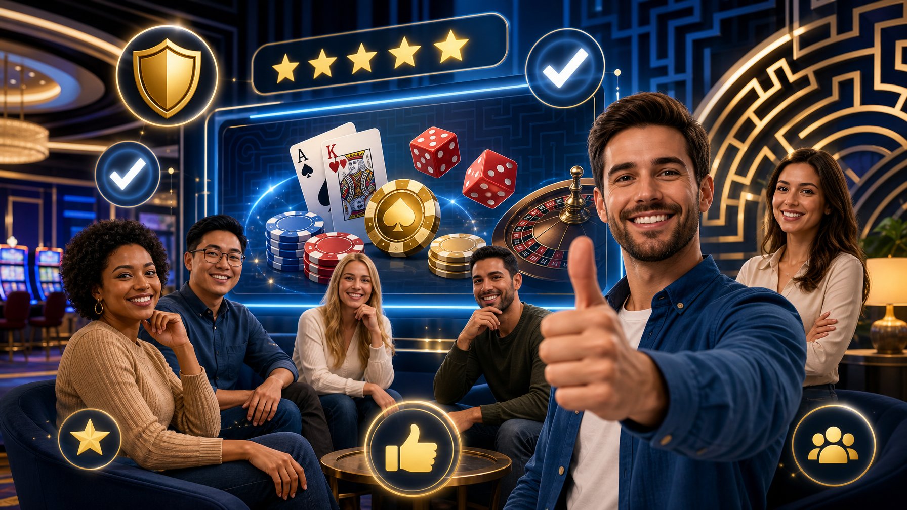 A Group Of People Gathered Around A Digital Screen Showing Casino Icons, With One Person Giving A ThumbsUp And Trust Symbols Like Checkmarks And Stars Around Them.