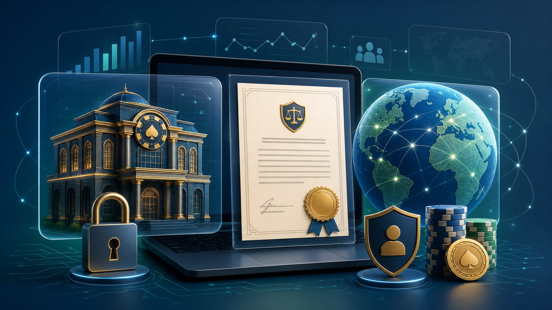 Digital Illustration Showing A Casino Building Icon, A Certificate With A Seal, And A Globe Connected By Network Lines, Symbolizing Licensing, Ownership, And Market Access.