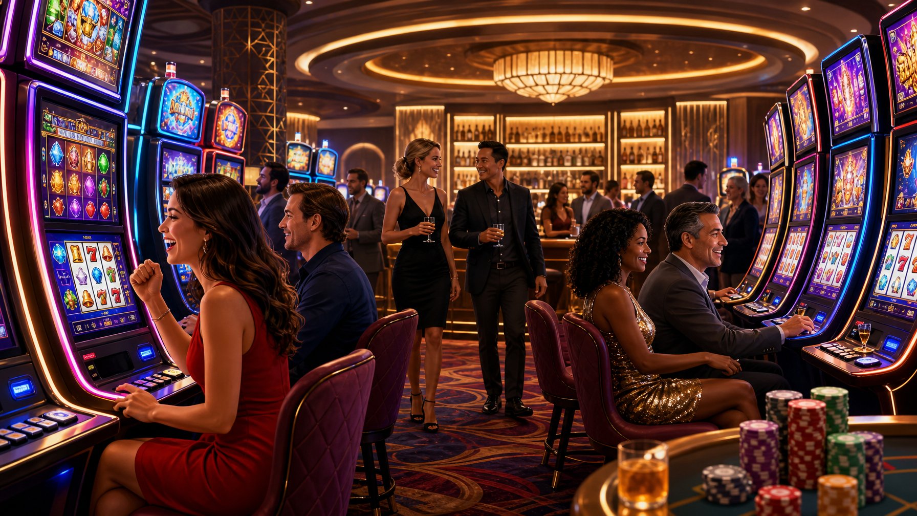 A Lively Casino Interior With People Playing Colorful Slot Machines Surrounded By Casino Chips And Playing Cards.