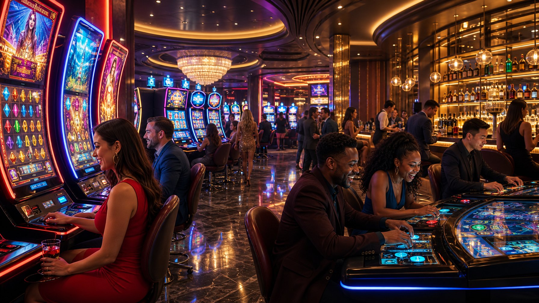 A Lively Casino Arcade With People Playing Slot Machines And Arcade Games Under Colorful Neon Lights.
