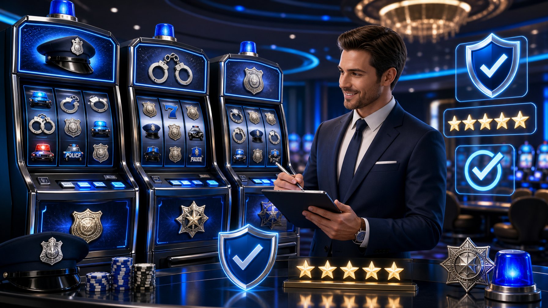 A Person Reviewing PoliceThemed Slot Machines In A Modern Casino Setting With Trust Symbols Like Checkmarks And Stars Around Them.