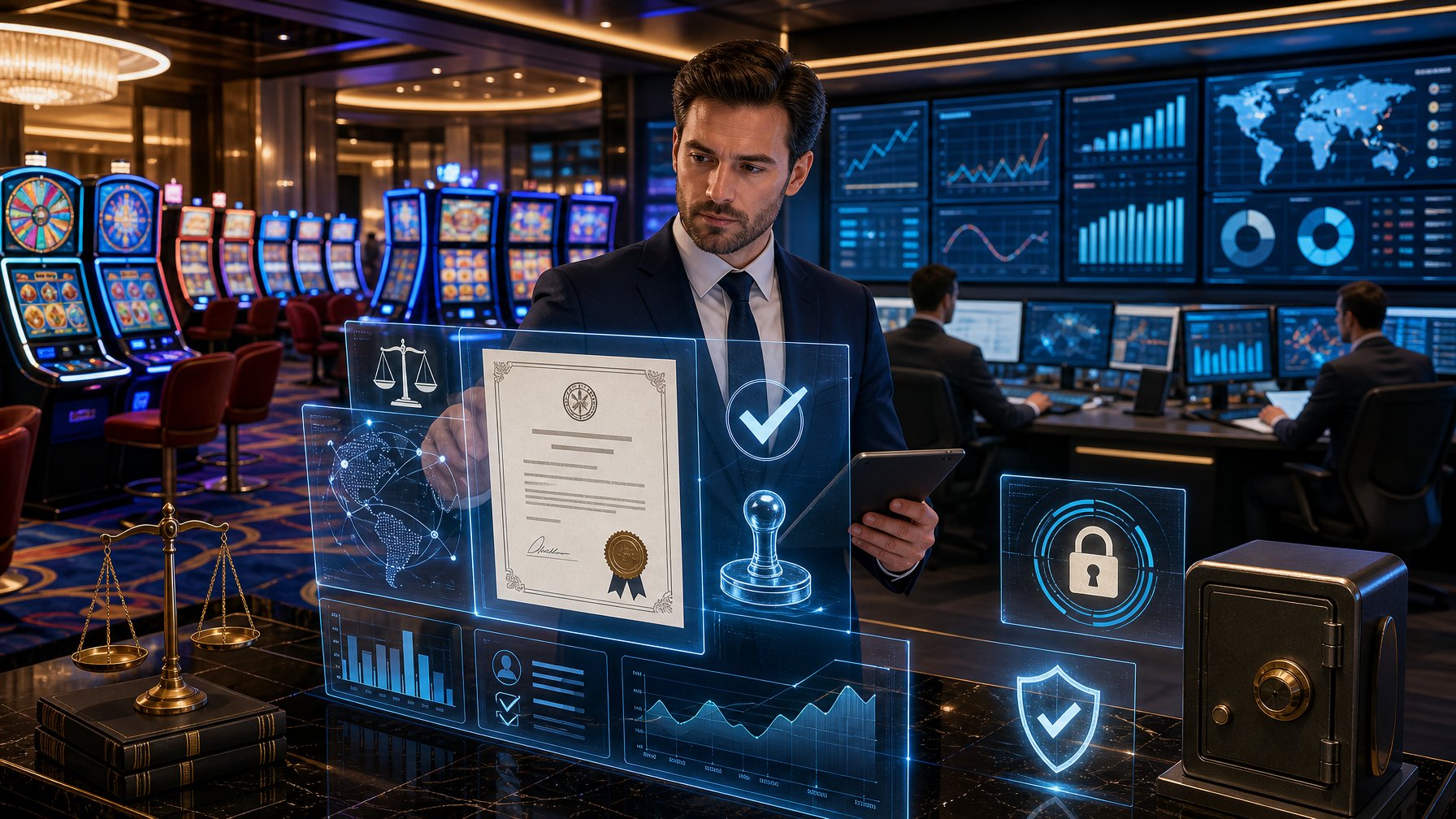 A Business Professional Reviewing Digital Licensing And Market Data In A Modern Casino With Slot Machines And Operator Control Room In The Background.