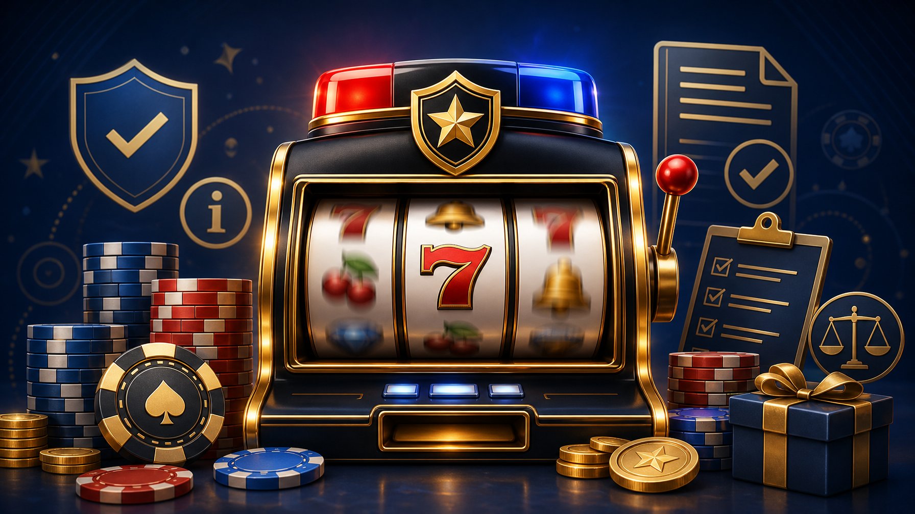 A Slot Machine Surrounded By Poker Chips And Casino Tokens With Icons Representing Terms And Conditions In The Background.