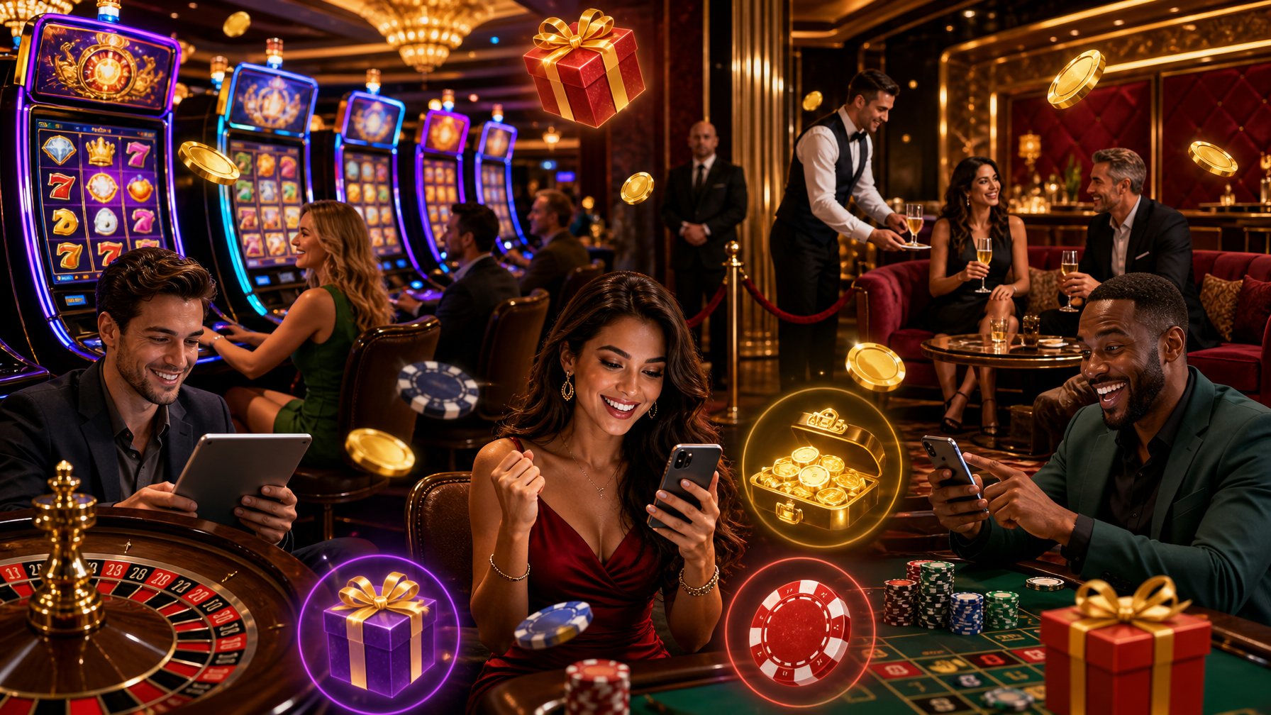 A Lively Casino Scene Showing Players Enjoying Games And Digital Rewards With A Vip Lounge In The Background.
