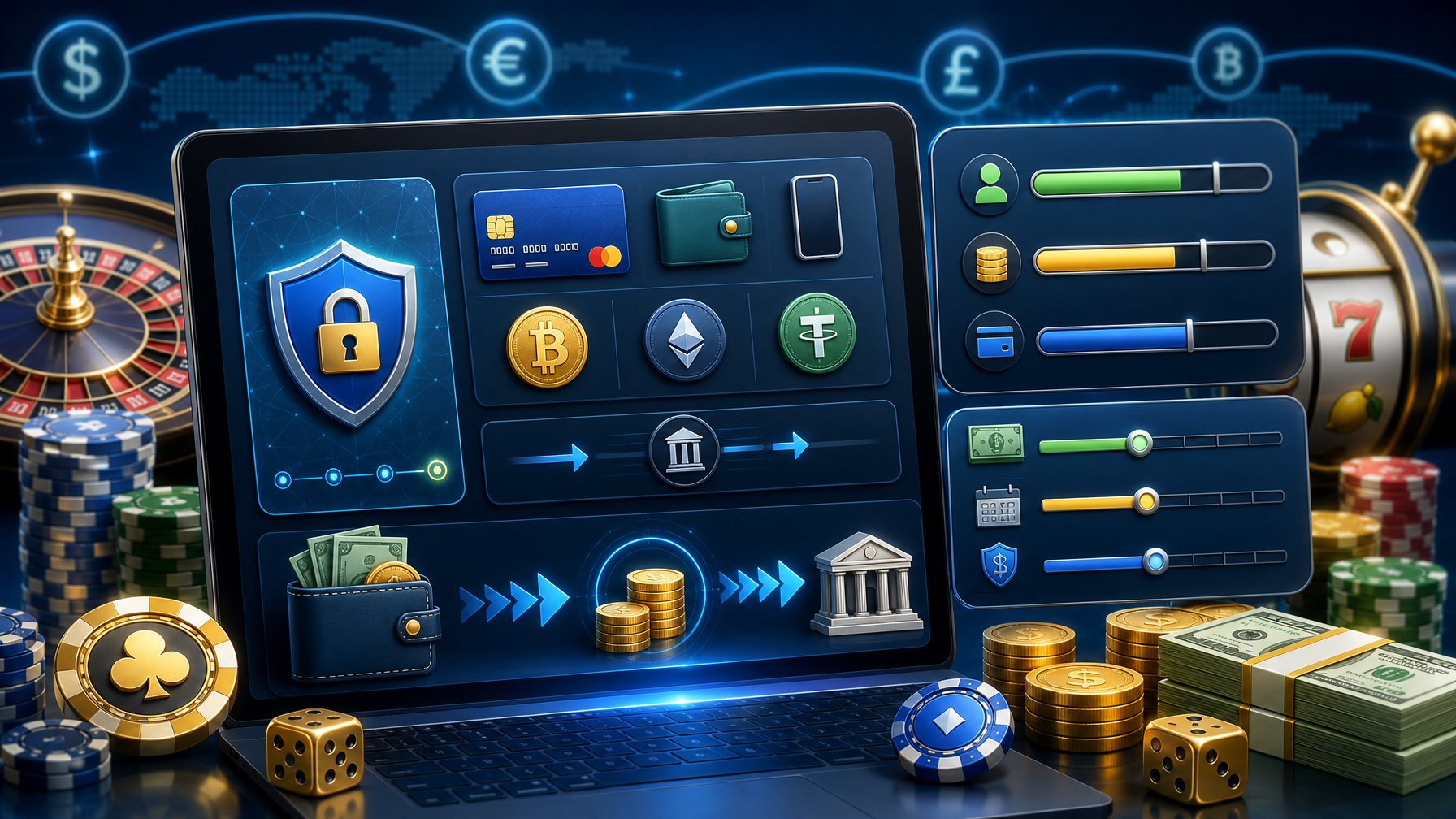 A Digital Interface Showing Payment And Withdrawal Icons, Account Limit Indicators, And Casino Elements Like Poker Chips And Slot Machine Reels.