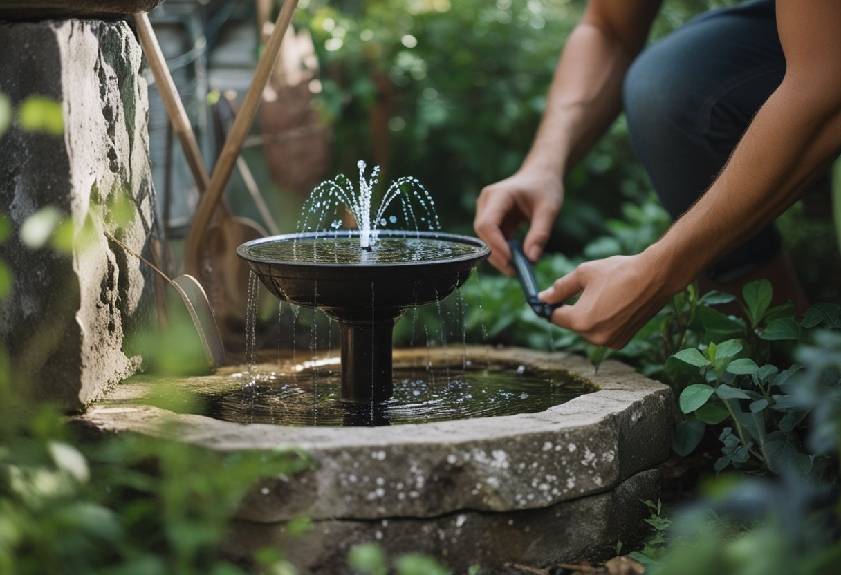 A small garden corner with a solar water fountain surrounded by plants and garden tools, with hands adjusting the fountain under soft daylight.