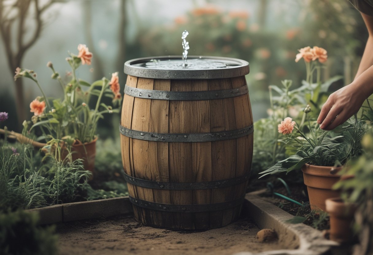 A rustic half-barrel solar water fountain surrounded by flowers in a garden corner, with hands adjusting a flower pot and garden tools nearby.