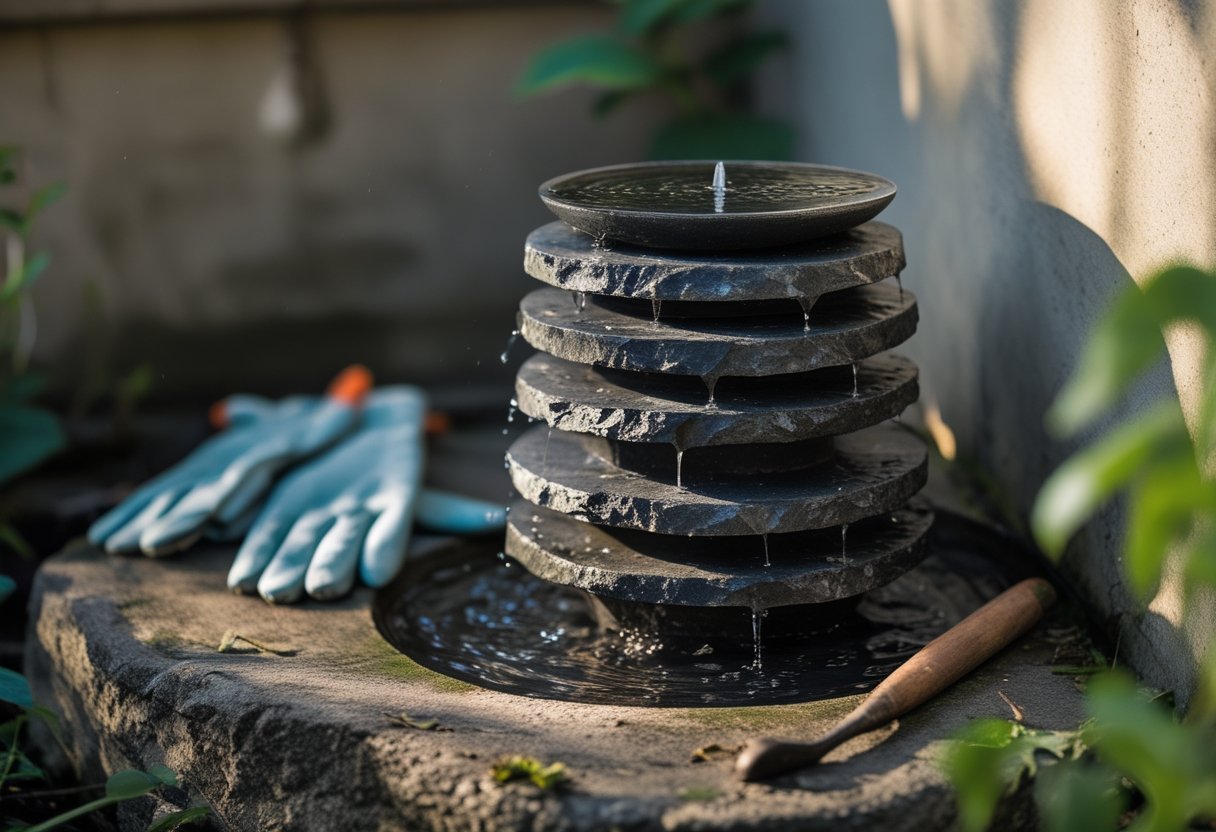 A stacked slate plate solar water fountain gently cascading water in a garden corner with gardening gloves and a hand tool nearby.