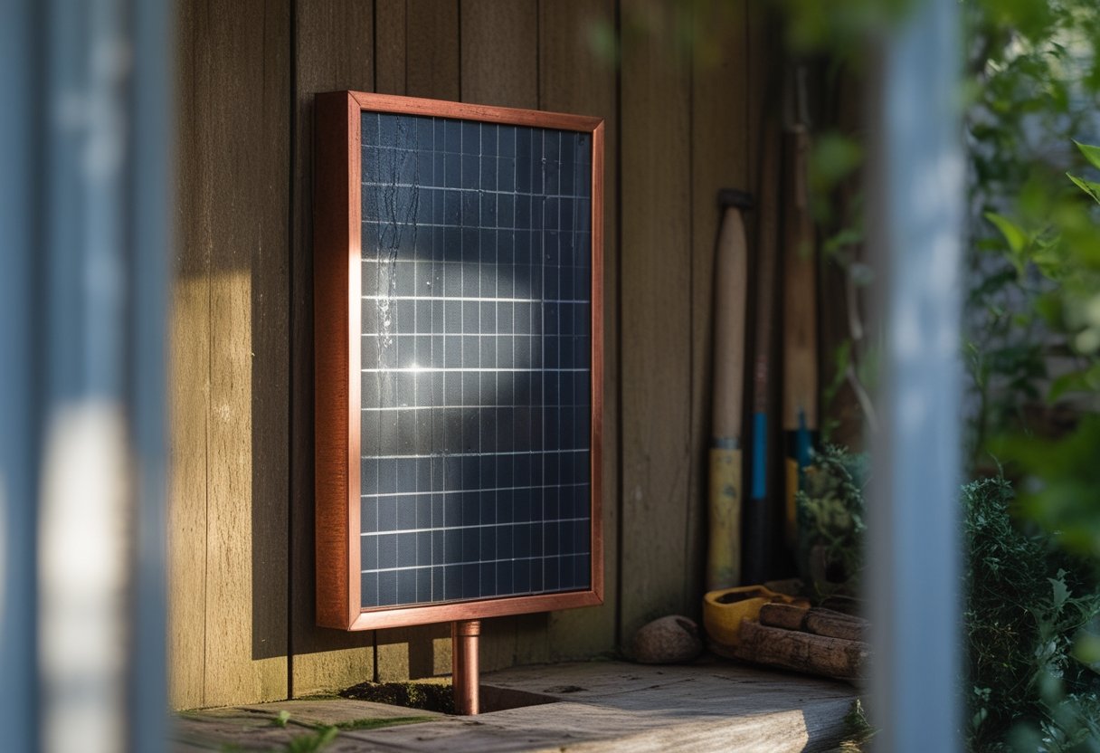 A copper solar water fountain panel mounted on a wooden garden wall with gardening tools resting nearby and green plants in the background.