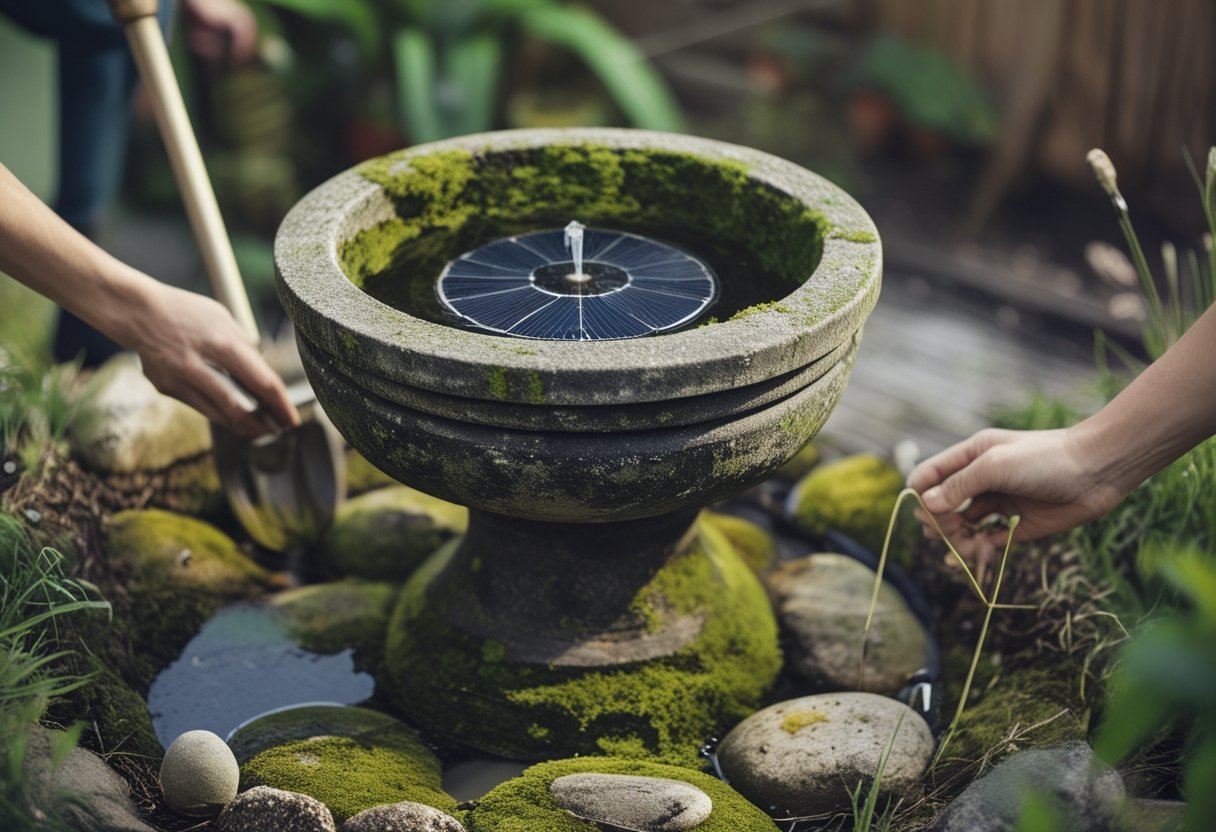 A moss-covered stone basin with a solar-powered water fountain in a garden corner, surrounded by gardening tools and hands adjusting the fountain.