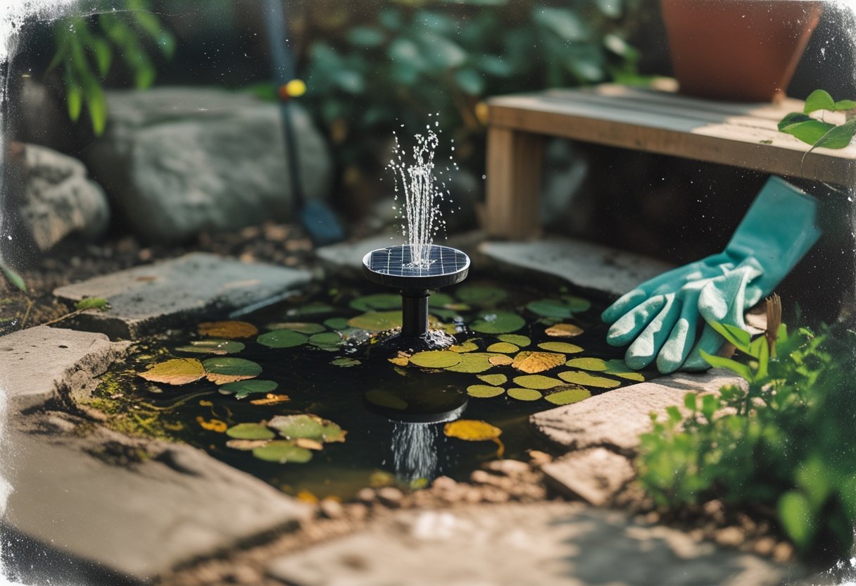 Miniature garden pond with a small solar water fountain surrounded by stones and plants, with gardening gloves and a trowel resting nearby.