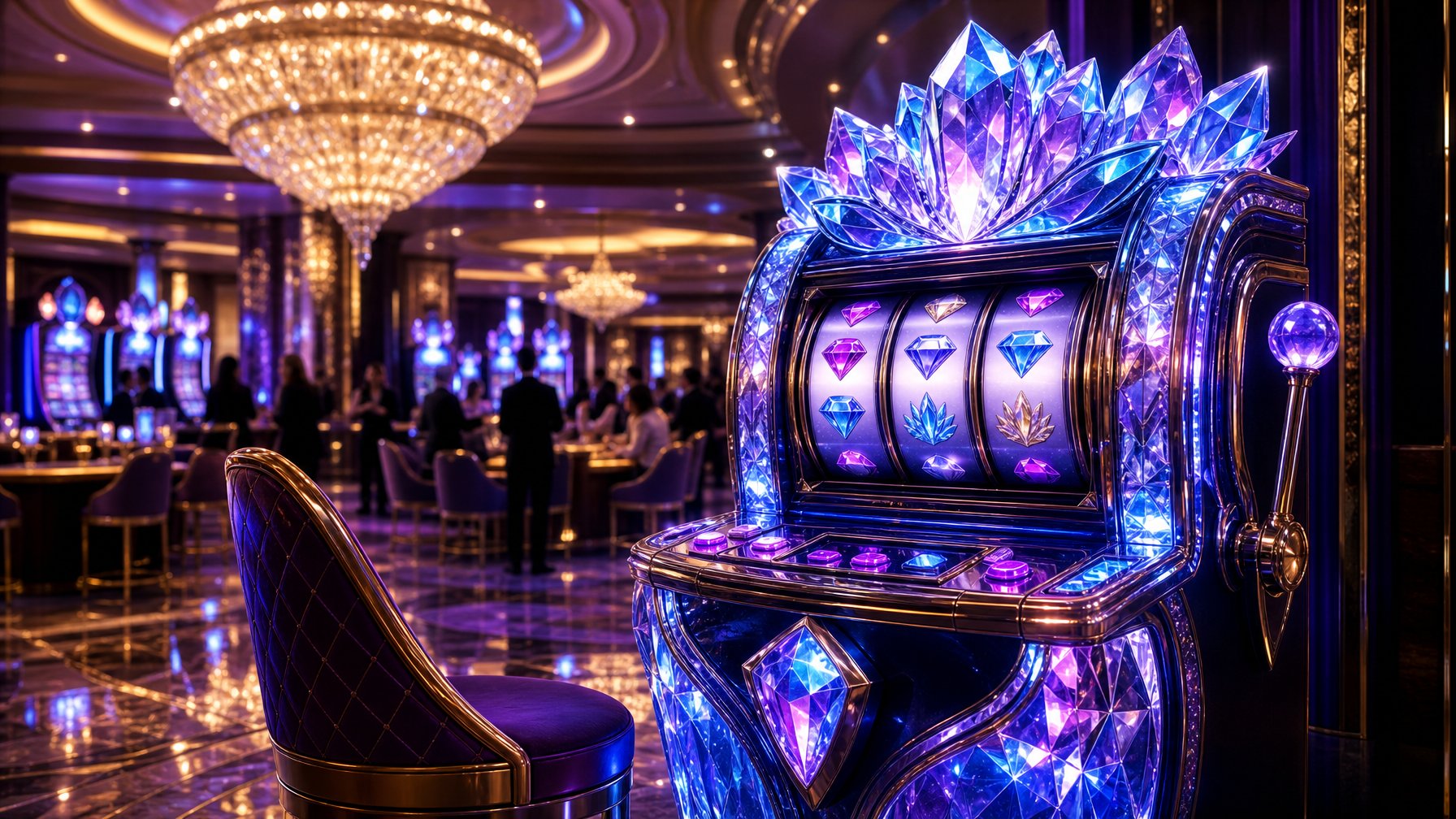 A Vibrant Casino Scene Featuring A CrystalThemed Slot Machine Glowing With Blue And Purple Lights Surrounded By Elegant Casino Decor.