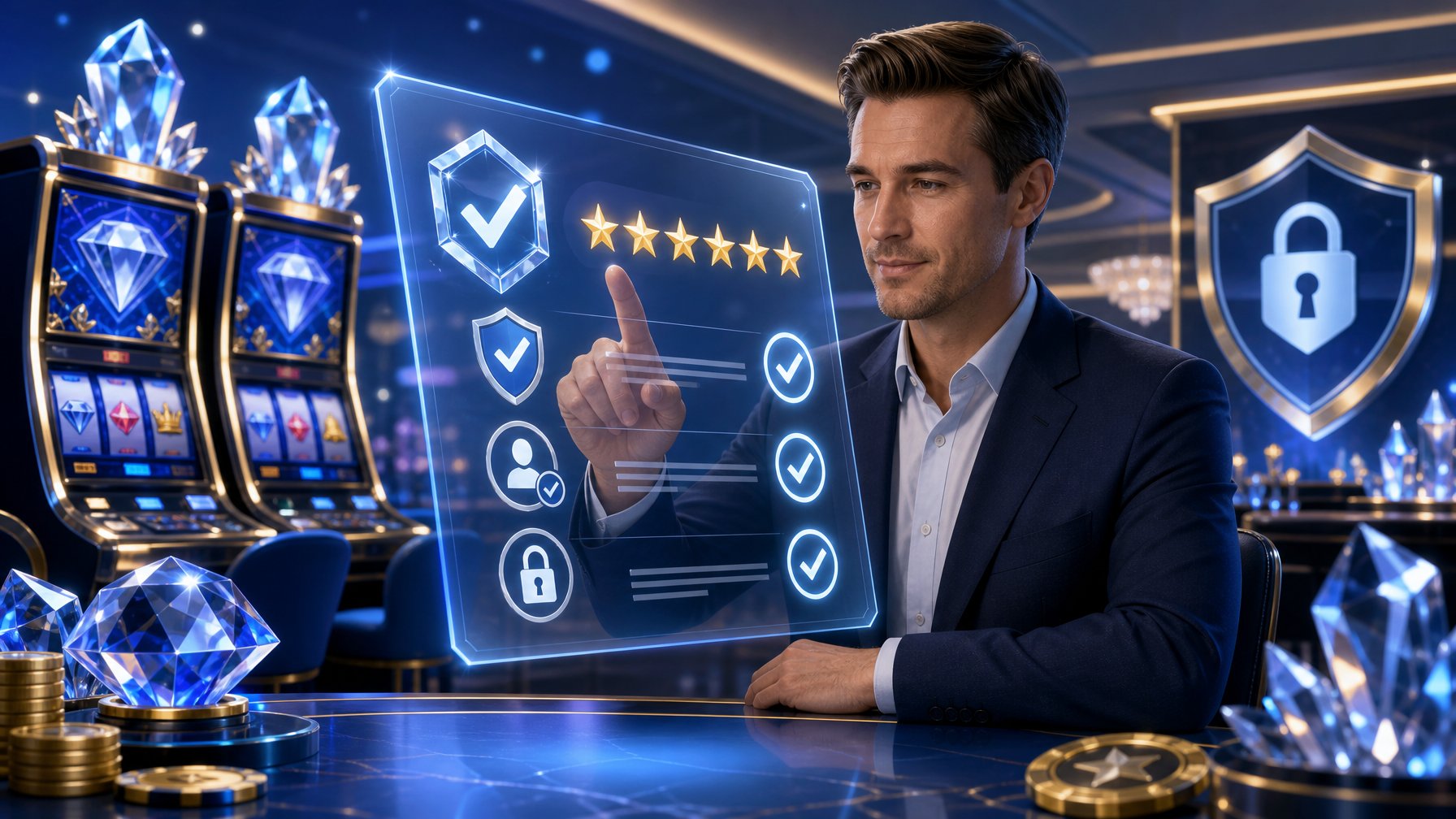 A Person Reviewing Trust Signals And Positive Ratings In A Modern Casino Setting With Glowing Slot Machines And Secure Icons.