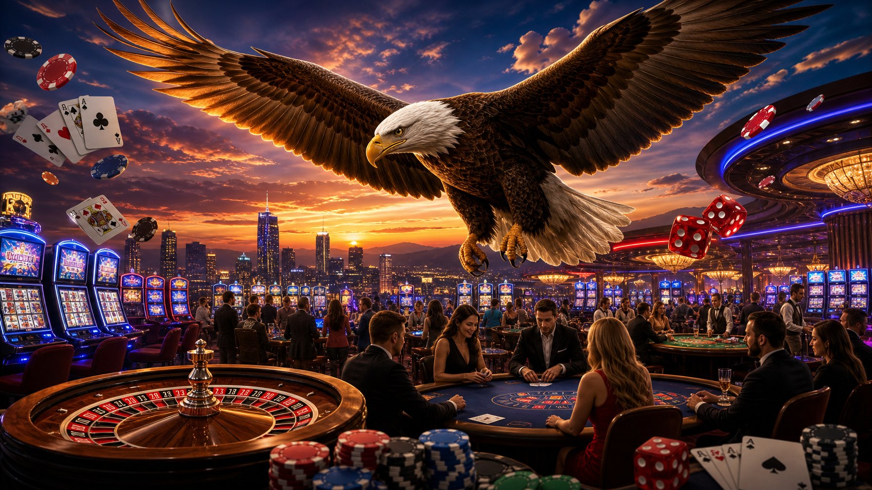 An Eagle Flying Over A Brightly Lit Casino Floor With Slot Machines, Roulette Wheels, And Poker Tables.